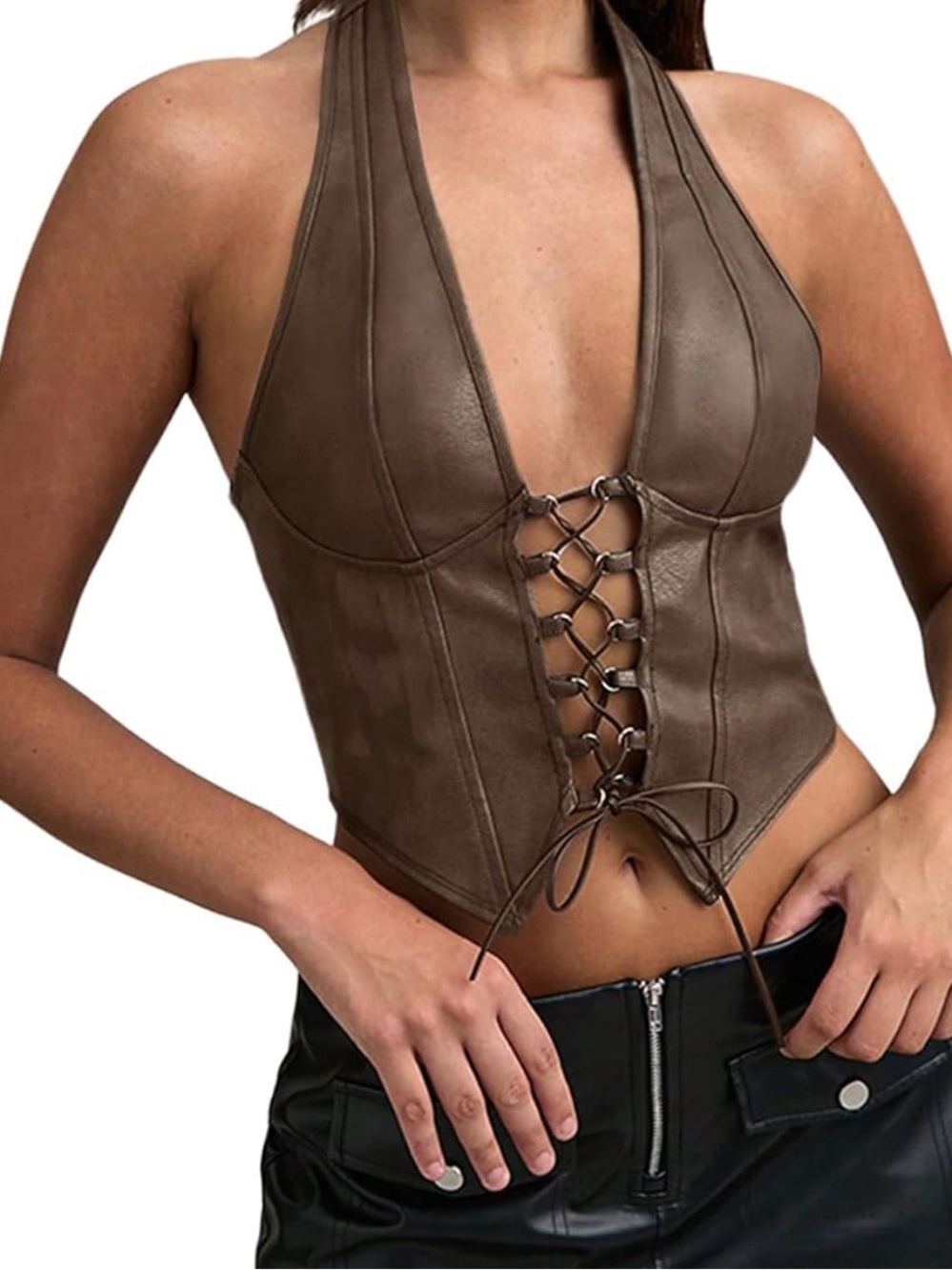 Women’s Brown Lace-Up Halter Faux Leather Top
